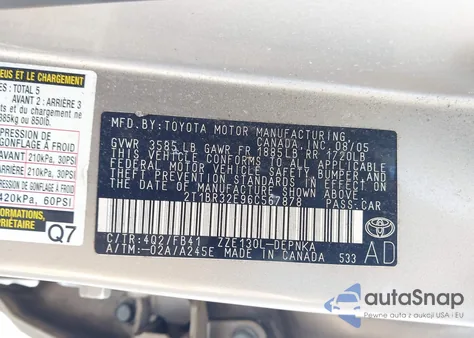 2006 Toyota Corolla Le из США, поврежденный, VIN 2T1BR32E96C567878